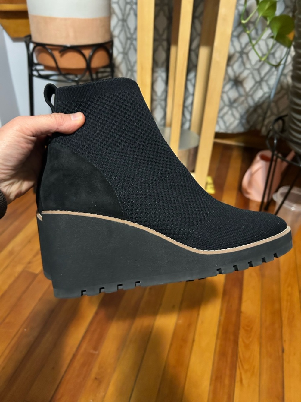 Eileen Fisher Boots Womens 8 Quill Stretch Knit Wedge Ankle Boot Black Fabric - Picture 3 of 6